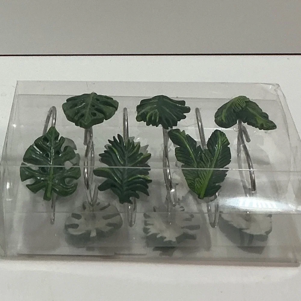 Tropical Green Leaf Shower Curtain Hooks Set of 12 Monstera Palm Foliage Decor